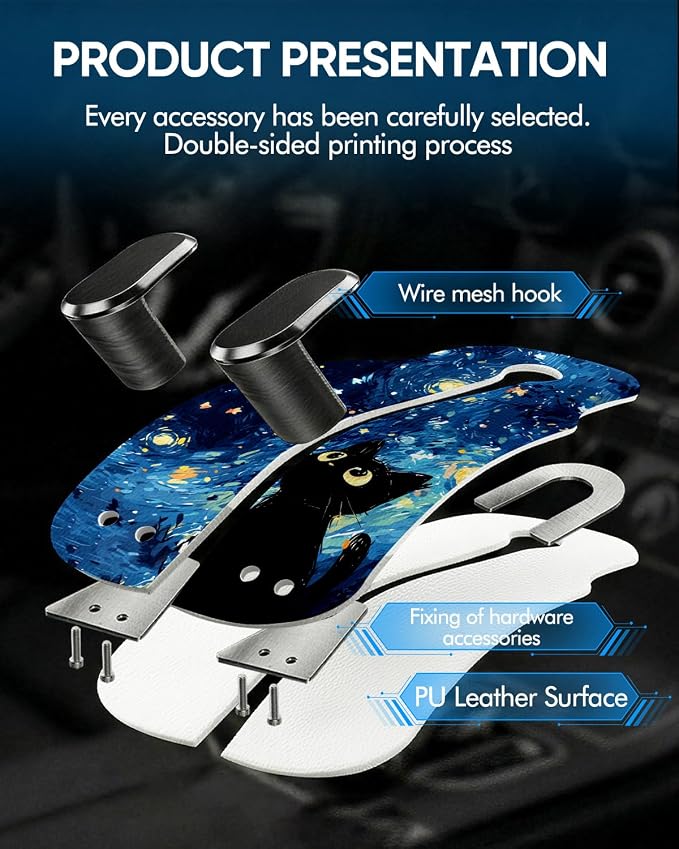 WOCOCN Purse Holder for Car, 2 Pack Heavy Duty Purse Hanger for Car, PU Leather Car Seat Hooks for Purses and Bags, Cute Blue Starry Sky Cat Headrest Organizer for Handbags & Backpacks