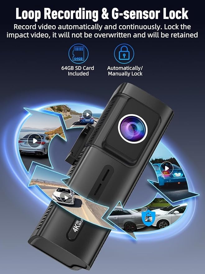 3 Channel 5G WiFi Dash Cam, 4K+1080P+1080P Dash Cam Front and Rear with 64GB Card, Dash Camera for Car with HDR IR Night Vision, G-Sensor, 24/7 Parking Mode, WDR, Support 128GB Max - Black