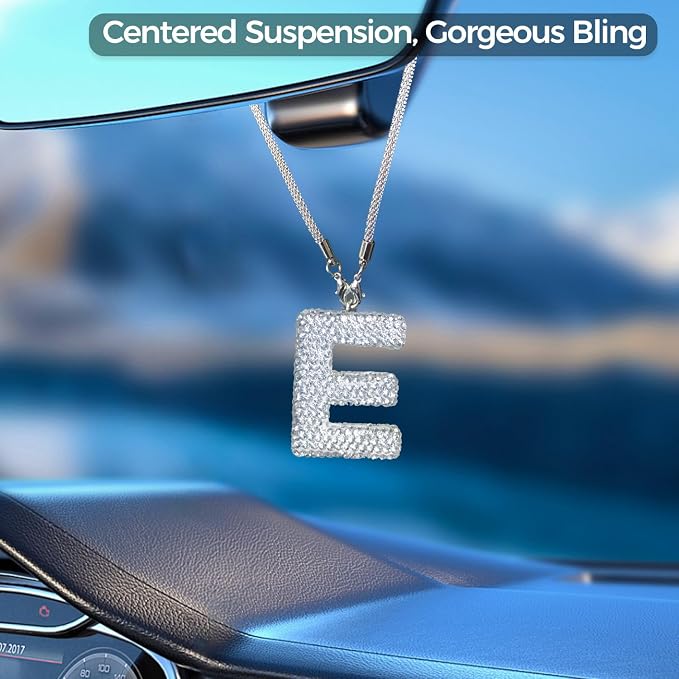 Bling Car Accessories for Women Letter Charm, Rear View Mirror Ornament Cute Hanging Crystal Pendant Girl Car Decorations, Lucky Diamond Rhinestone Girly Charm Interior (White E)