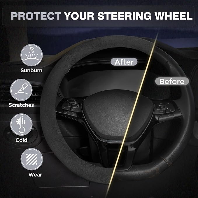 FLORICH Car Steering Wheel Cover Winter, Microfiber Suede Steering Wheel Covers with Anti-Slip Lining, Breathable Elastic Car Steering Wheel Protector Soft, Universal Standard Size 14-15 inch