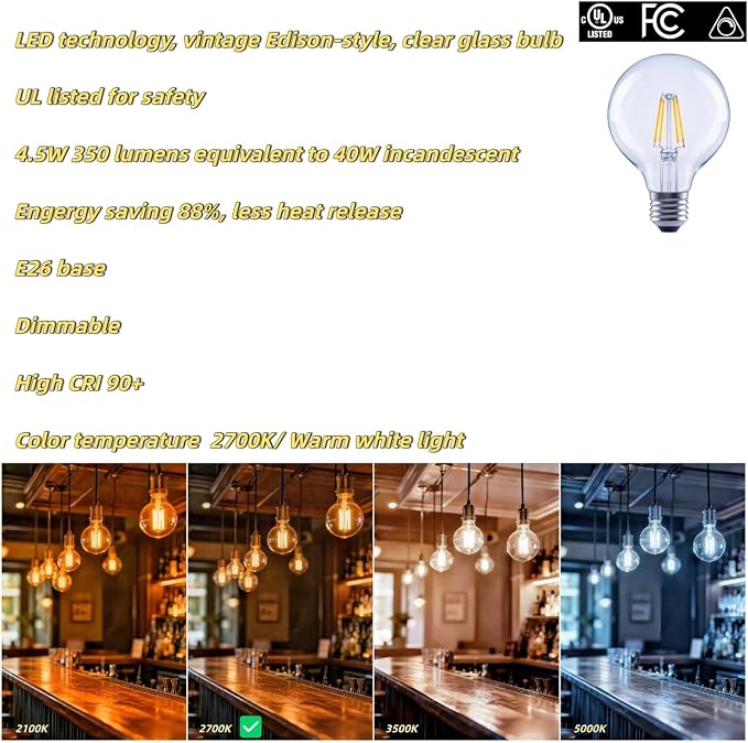 G25 LED Globe Light Bulbs, Dimmable 40W Equivalent CRI 90+, E26 Base, Warm White 2700K, Edison Vanity Light Bulbs for Bedroom, Kitchen, Vanity, Mirror Vintage, Round Clear Glass, 6 Pack