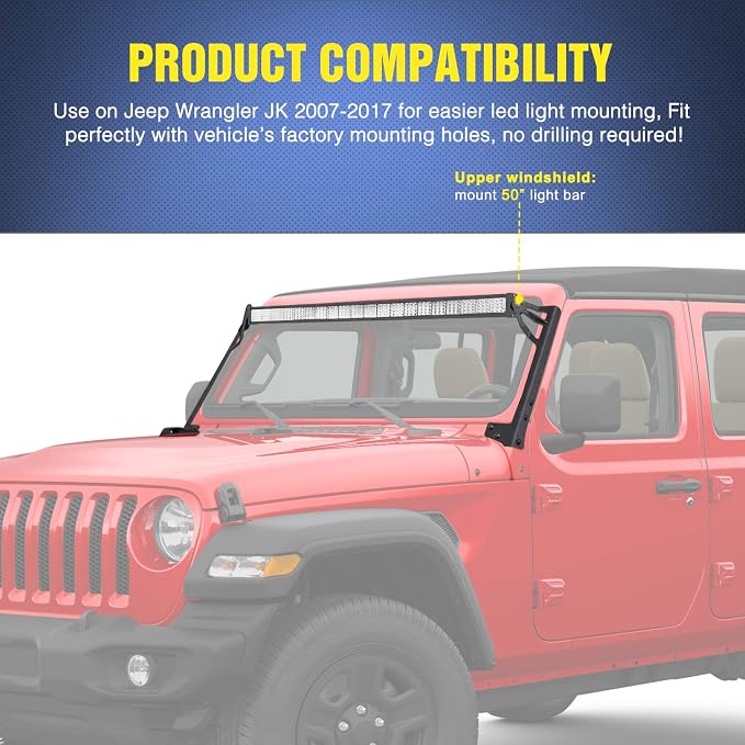 Nilight Windshield Frame Mounting Bracket for 50 Inch LED Light Bar on Wrangler JK 2007-2017