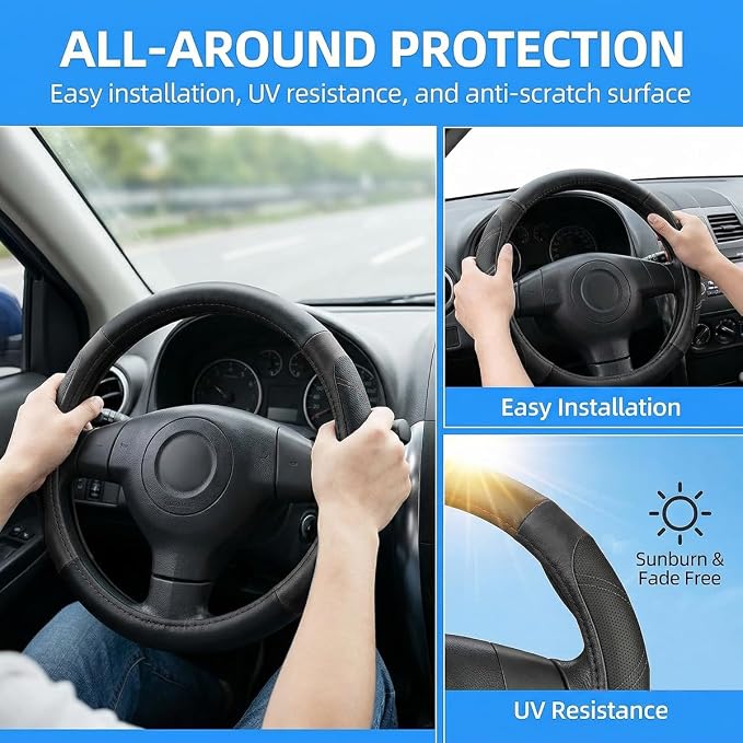 Osilly Car Steering Wheel Cover, 14.5-15" Leather Breathable Anti-Slip Stylish Steering Wheel Protector, Comfortable Auto Interior Decoration Accessories, Universal for SUV Van Truck (Black)