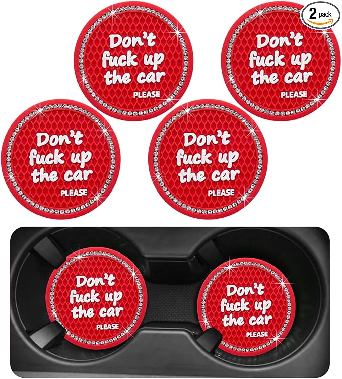 Ohleats Bling Car Cup Coaster, 2.75 Inch Non-Slip Don't Fuck Up My Car Please Cup Holder Insert Coaster, Crystal Rhinestone Auto Drink Cup Mat, Universal Car Accessories (Red-4PCS)
