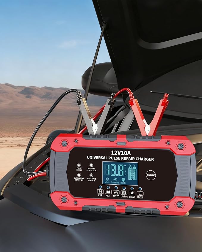 Car Battery Charger 12V 10A - 3-Stage Automatic Trickle Charger Smart Battery Maintainer with LCD Display, Pulse Repair for CAR/AGM/Moto/LiFePO4 Batteries, Compatible with Car Motorcycle ATV