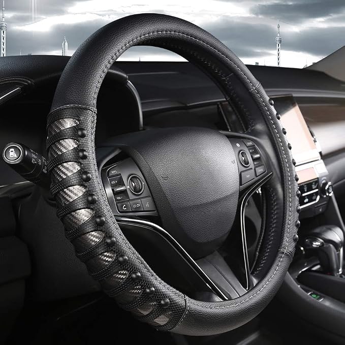 West Llama Microfiber Leather Car Steering Wheel Cover for Men Women,Universal Fit 14.5-15 inch(Leather Nails-Gray+Black-Standard Size)