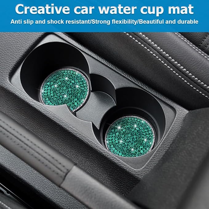 Bling Car Cup Holder Coaster, 2PCS 2.75 Inch Crystal Rhinestone Anti Slip Vehicle Drink Cup Mat for Women Girls, Auto Interior Embedded in Ornaments. Universal for SUV RV Truck (Light Green)