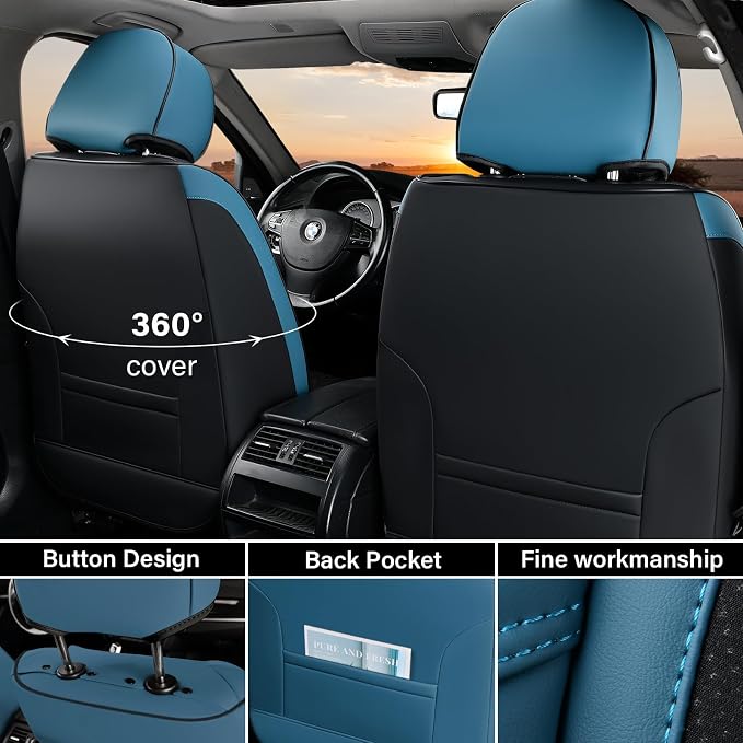 Coverado Car Seat Cover Winter, Front Seat Cover, Seat Covers for Cars, 2PCS Car Seat Protector, Breathable Faux Leather Car Seat Cushion, Car Seat Protector, Blue Car Seat Covers Fit Most Vehicles