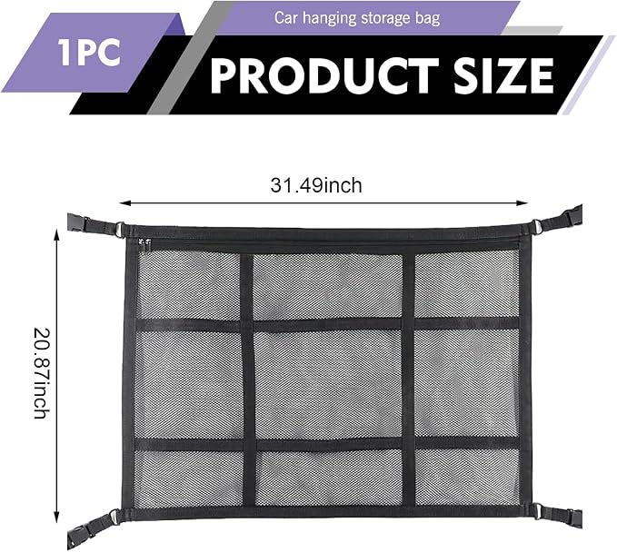 Car Ceiling Cargo Net, 31.5" x 21.7" Adjustable Buckle Heavy Duty Car Roof Storage, Double Layer Mesh Interior Organizer with Zipper, Universal for Cars, SUVs, Trucks