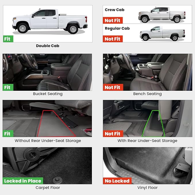 LASFIT Floor Mats 2019-2026 for Chevy Silverado/GMC Sierra 1500, 2020-2026 2500HD 3500HD, Double Cab/Bucket Seat Only, Fit Without Rear Underseat Storage Box, All Weather TPE Custom Fit Floor Liners