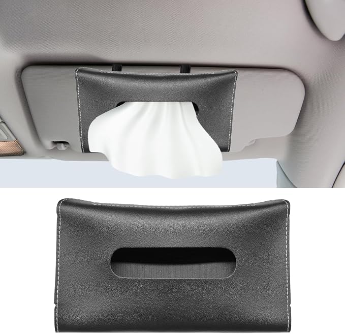 YoRise Car Sun Visor Tissue Holder, Soft Leather Automotive Hanging Napkin Storage Box, Rectangular Vehicle Interior Tissue Organizer Case for Car, SUV, Truck (Black)
