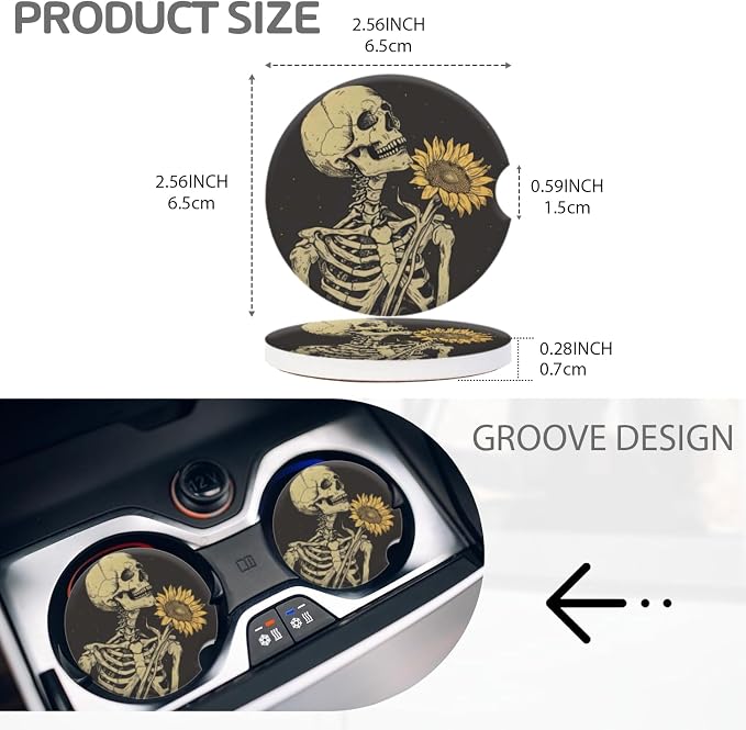 Cup Holder for Car,Skull Embracing A Sunflower Design Ceramic Coasters Non-Slip Cup Holder Insert with Fingertip Grip, Auto Interior Accessories for Women & Men,Pack of 2, 2.56In