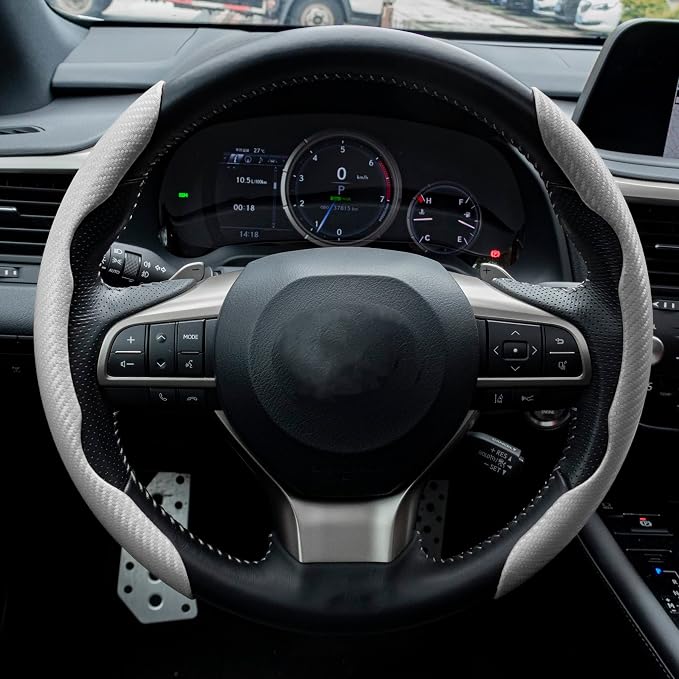 Amiss 2pcs Carbon Fiber Anti-Skid Steering Wheel Cover, Waterproof & Segmented Butterfly Design, Universal 99% Vehicle Wheel Cover Protector, Car Interior Accessories (White-2pcs)