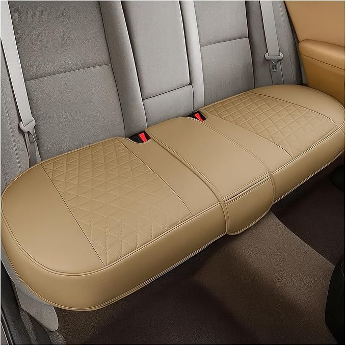 Leather Car Seat Cover, Vehicle Rear Bottom Seat Protector Pad, Full Surrounded Waterproof Auto Seat Protective Cushion with Storage Pocket, Universal Fit（Beige）
