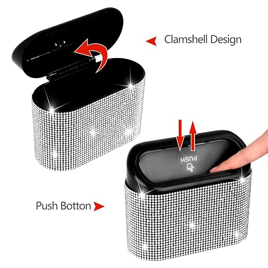 NBTEPEM Bling Car Trash Can with Lid - 2 Pack, Mini Auto Garbage Can with 60 Trash Bags, Automotive Garbage Container Bin, Bling Car Accessories Trash Can for Women (Silver Diamond)