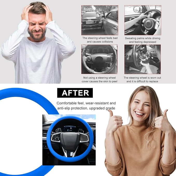 DXNQ Car Steering Wheel Cover, 13 to 14.17 inches Anti-Slip Silicone Steering Wheel Protector, Soft Flexible Shock-Absorbent Steering Wheel Protective Cover for Most Car Models (Dark Blue)
