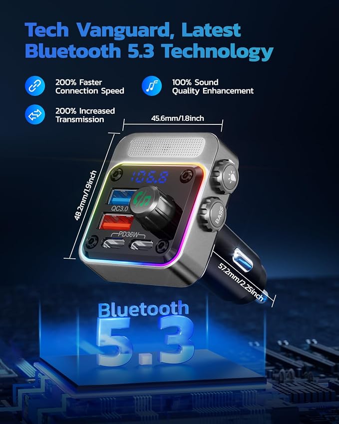 Nulaxy 54W Bluetooth 5.3 Car Adapter with 4 Charging Ports [PD 36W & QC3.0 18W], Wireless Radio FM Transmitter with Deep Bass Player & 5 Colors LED Backlit, Hands-Free Calling - Silver