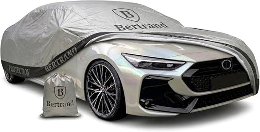 BERTRAND Heavy Duty Sedan Car Cover Waterproof All Weather - Snow, Rain & UV Outdoor Protection | Cotton-Lined, Up to 10-Point Anchoring + Door Zipper | Compact Sedans, Silver-Black (179x69, A1)