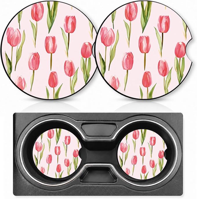 2PCS Tulip Car Cup Holder Coasters Neoprene Car Coasters Universal | 2.75" Anti-Slip Rubber Mat with Finger Slot for Vehicle SUV Truck Cars Accessories Tulip Gifts for Women Men