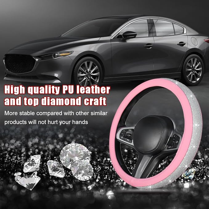 povtii Bling Car Steering Wheel Cover, Sparkling Crystal Rhinestone Auto Wheel Protector, Anti Slip Cover Fit 15 Inch Steering Wheel for Women Girls, Universal Car Accessories (White+Pink)