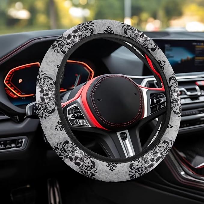 AFPANQZ Steering Wheel Protection for Automotive Steering Wheel Covers | Skull Floral Grey, 14-15 In, Sweat Absorption Comfort Grip for Driver Women Men
