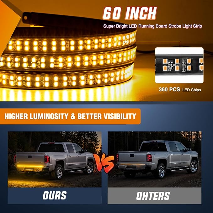 Nilight 60 Inch Truck Tailgate Strobe Light Strip Tail Emergency Bar Rear Window Warning Lamp Ultra-Bright Double Row 360 LED for Pickup Trailers Construction Vehicles Car SUV, Amber