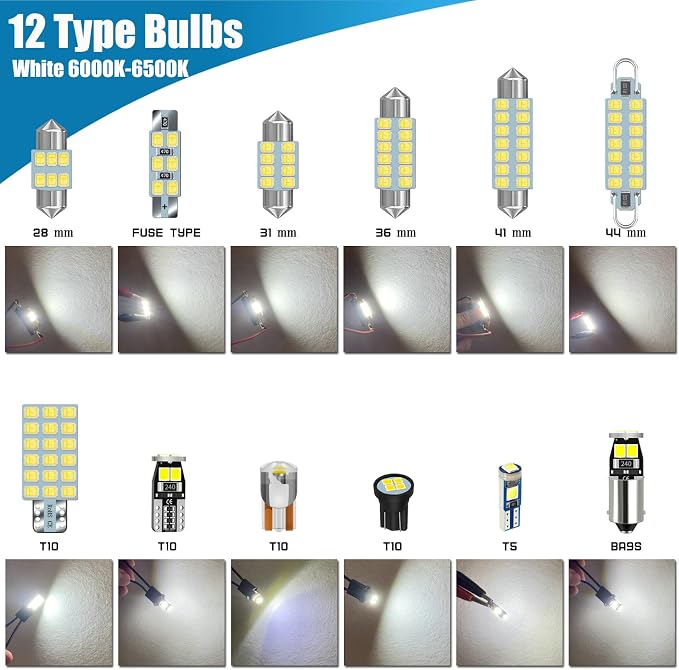 44-Pack Car Truck Vehicle LED Interior Light Map Dome Bulb Kit | 12V White DE3175 6418 6411 T10 194 BA9S 64111 T5 74 6615F 28mm 31mm 36mm 41mm Vanity Mirror Footwell Cargo License Plate Bulb