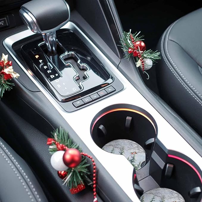 Car Coasters for Cup Holders 2.6"Dia Absorbent Coasters Set of 2 Car Interior Accessories for Women Men Ceramic Car Coaster for Drinks with Finger Grooves,Christmas Winter Snowflakes Snowman Truck Red