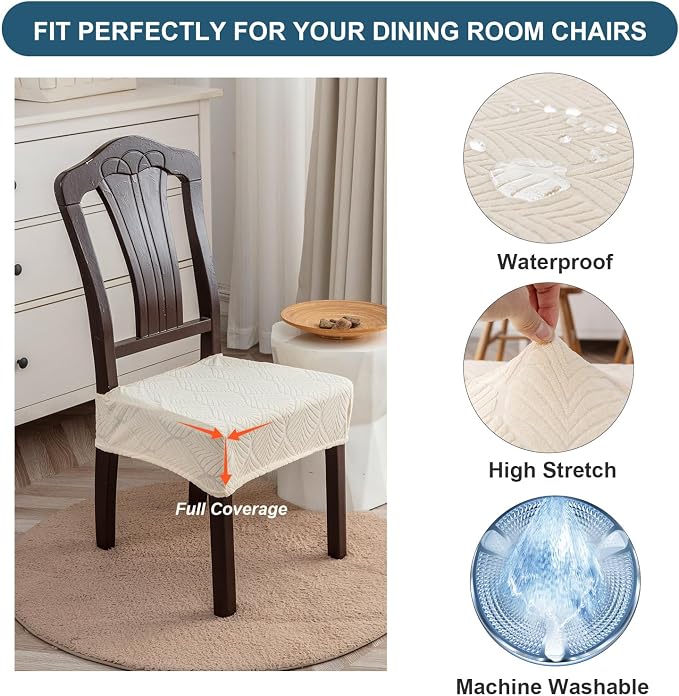 Removable Washable Dining Chair Seat Covers Set of 4,Stretch Jacquard Chair Seat Cushion Protector Slipcovers, Rear Covers