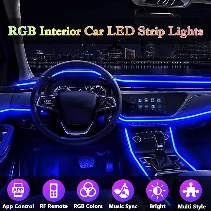 DEHERANE Interior Car LED Strip Lights, RGB 6 in 1 Ambient Lighting Kits with 315 inches Fiber Optic, 16 Million Colors Car Interior Lights with Wireless APP and Remote Control, Sync to Music