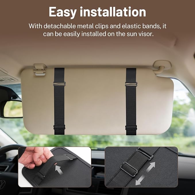 Car Visor Organizer,Premium Leather with a Hidden Zip Pocket, Sunglasses Organizer,3 Card Slots and a Stretch Mesh Pocket,Easy Installation,Compatible with Car Accessories for Vehicle, SUV, Truck