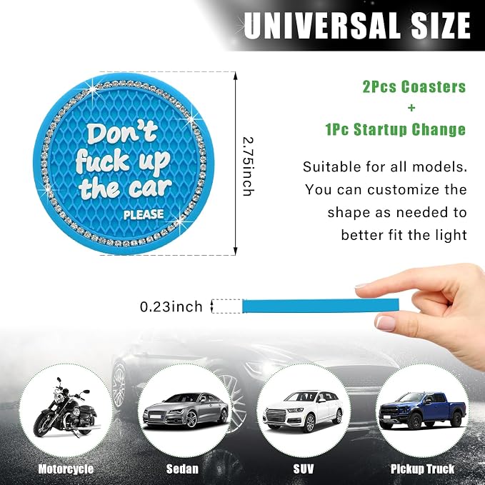 Ziciner 2 Pack Bling Car Cup Holder Coaster, 2.75 Inch Anti-Slip Auto Insert Cup Coaster, Crystal Car Drink Cup Mat Perfect for Women Girls, Universal Interior Decor Accessories (Light Blue)