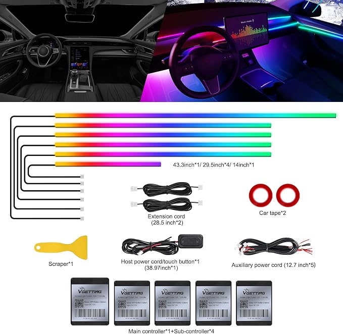 Dreamcolor Acrylic Interior Car LED Strip Light with Wireless APP, RGB 6 in 1 with 175 inches 593 LEDs Fiber Optic Strip Lights for Car, Music Sync Neon Car Ambient Neon Lighting Kits