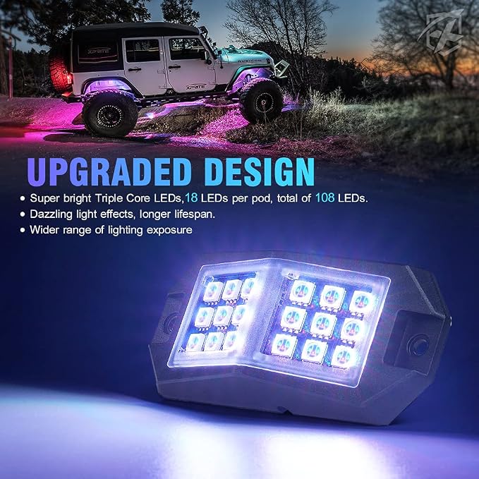 Xprite LED Rock Lights Wide Angle Bluetooth Multicolor Neon Lighting Footwell Underglow Kits w/Wireless Remote, Compatible Jeep Off-Road Trucks Cars UTV ATV SUV RZR Motorcycles Boats 6 Pods