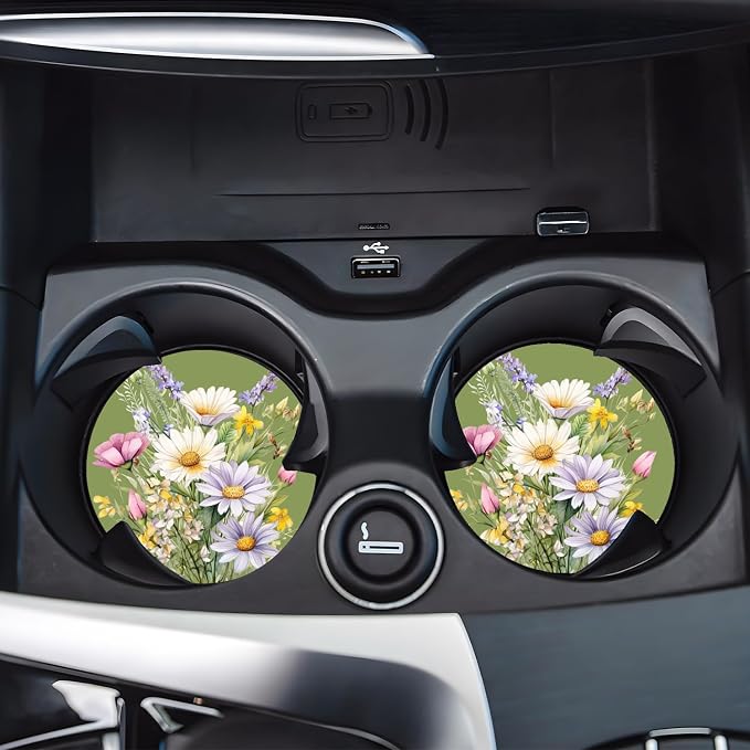 Car Cup Holder Coasters, 2 Pack – 2.75" Universal Auto Anti-Slip Insert Coaster, Rubber Car Coasters, Personalized Car Accessories for Women (Sage Green Watercolor Flowers)