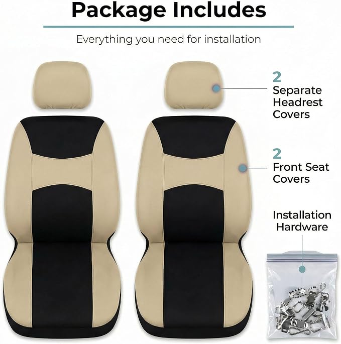 FH Group Universal Automotive Seat Covers Front Set | Light & Breezy Flat Cloth Washable Car Seat Cover for SUV, Sedan, Truck | Airbag Compatible Interior Upgrade - Beige/Black