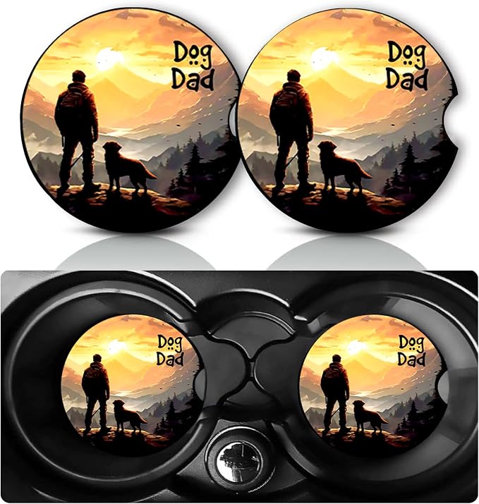2 Pack Dog Dad Car Cup Holder Coasters Neoprene Anti Slip Rubber Mat | Dogs Car Accessories Interior Decor 2.75" Universal Size Insert Auto Coasters Dog Dad Gifts for Women Men Pet Love