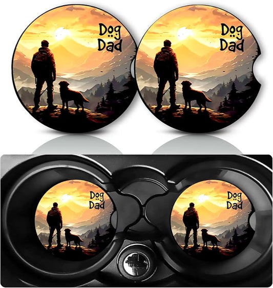 2 Pack Dog Dad Car Cup Holder Coasters Neoprene Anti Slip Rubber Mat | Dogs Car Accessories Interior Decor 2.75" Universal Size Insert Auto Coasters Dog Dad Gifts for Women Men Pet Love