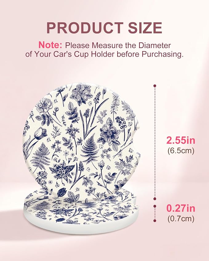 Swooflia Floral Absorbent Ceramic Car Coasters Set of 2, Cute Botanical Wildflower Cup Holder Coasters for Car, Vintage Blue Flower Car Accessories for Women, Unique Gifts for Mom, Friends, Teachers