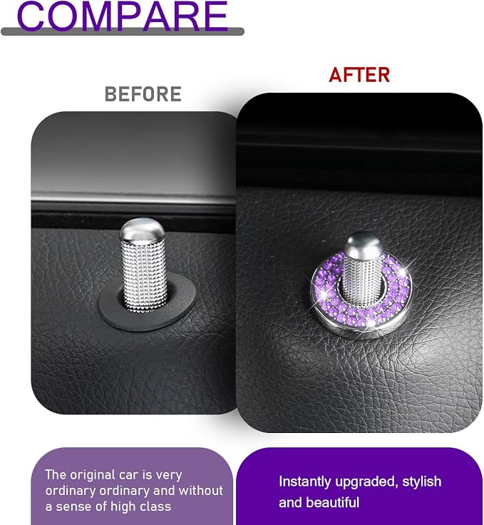 Pack-4 Car Door Lock Cover, Rhinestones Pull Rod Bolt Decorations, Crystal Auto Decals, Door Bolt Cap, Compatible with Mercedes Benz E-Class A-Class B-Class C-Class/GLC/GLA/GLK (Purple)
