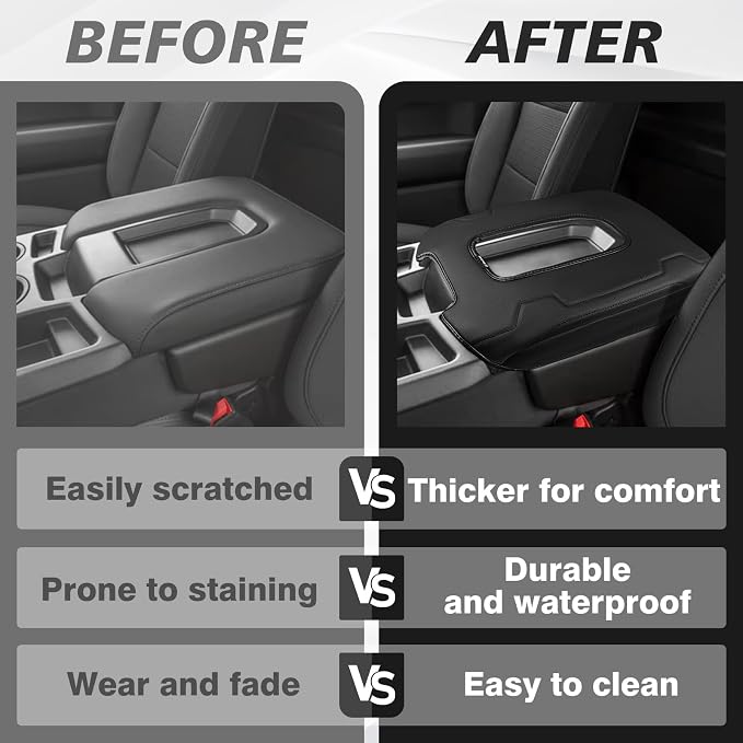 Muslogy Center Console Armrest Cover Fit for Chevy Silverado & GMC Sierra 2019-2026 Accessories, Comfort Armrest Pad Console Lid Cushion Vegan Leather Regular Thick(Split Bench Seat Console ONLY)