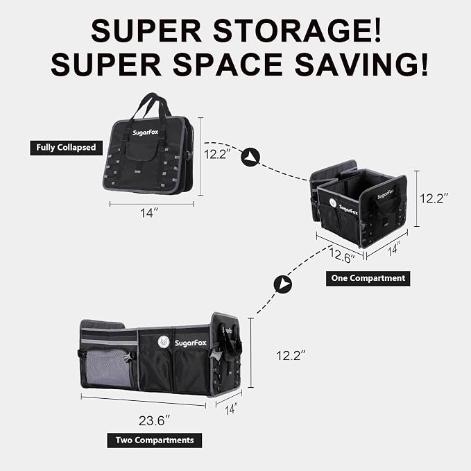 SugarFox Bold Color Block Trunk Organizer, Foldable with 26L Ice Pack,95L Dedicated Shoe Space, Stylish for SUV/Car (Black, Midsize)
