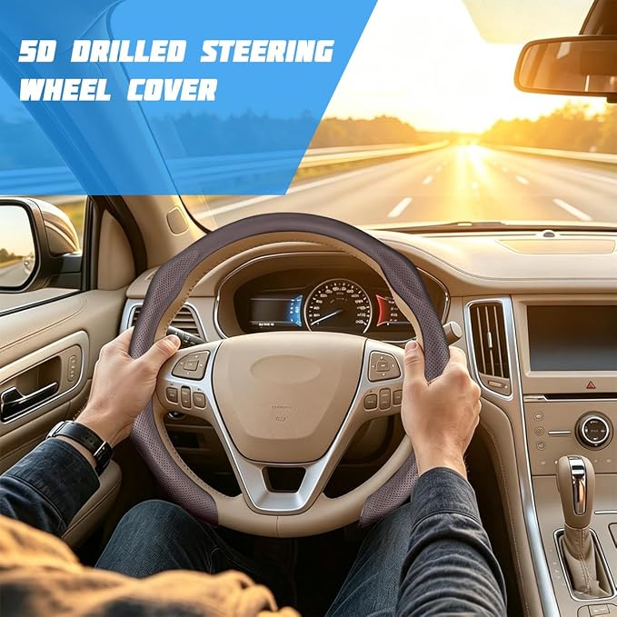 Car Steering Wheel Cover, Comfortable Grip Non-Slip Breathable Vehicle Steering Wheel Protector, Automotive Interior Decoration Accessories, Universal Fit (Coffee)