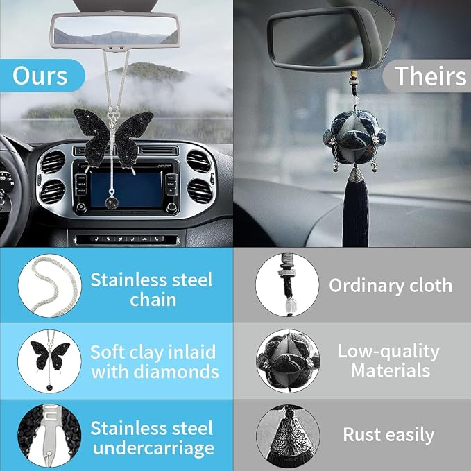 JOYCOURT Bling Butterfly Diamond Car Hanging Accessories for Women, Black | Crystal Butterfly Rear View Mirror Luck Car Decoration Accessories, Valentine's Day Presents Ornament Pendant for All Cars