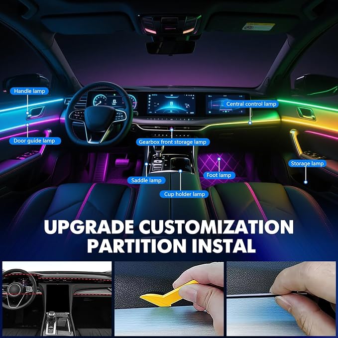 2026 Upgraded Car Ambient Lighting Kits Dreamcolor Acrylic Interior Car LED Strip Light with Wireless APP, RGB 22 in 1 Dynamic Chasing Music Sync LEDs Fiber Optic Strip Lights
