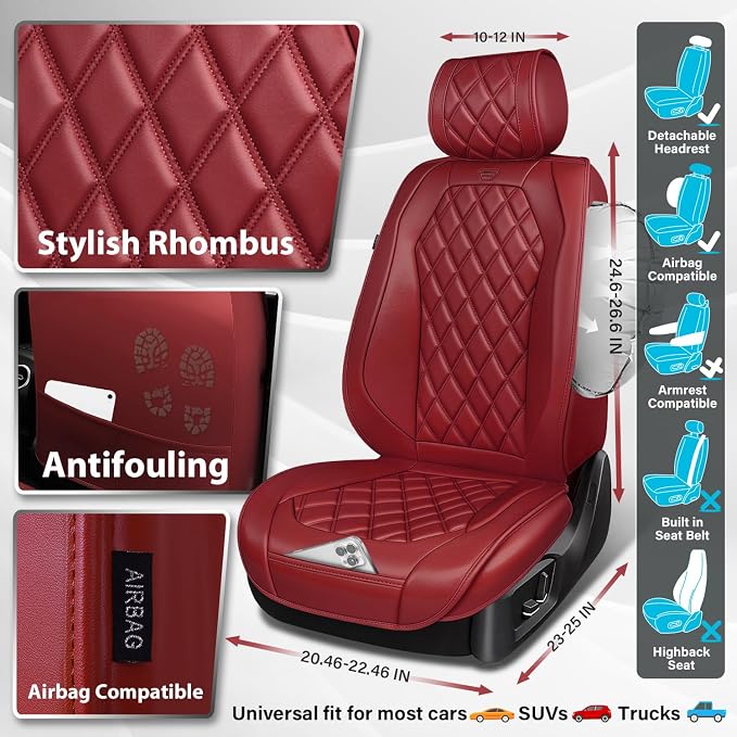 CAR PASS Burgundy Red Luxury Nappa Leather Seat Covers Front, 2 piece | 3D Rhombus Waterproof Leather Front Seat Covers, Universal Automotive Seat Cushion Fit for Sedan SUV Truck, Airbag Compatible