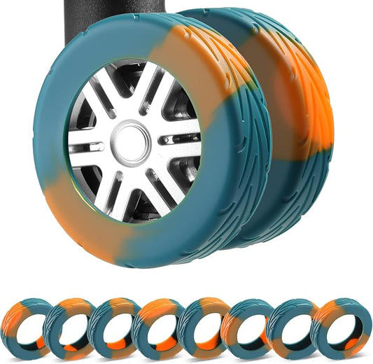 8Pcs Upgrade Luggage Wheel Covers,Travel Accessories (Deep Teal/Orange) | Wear-resistant & anti-noise silicone covers. Fits 2-2.4" wheels. Protects suitcase wheels. Travel essential for suitcases