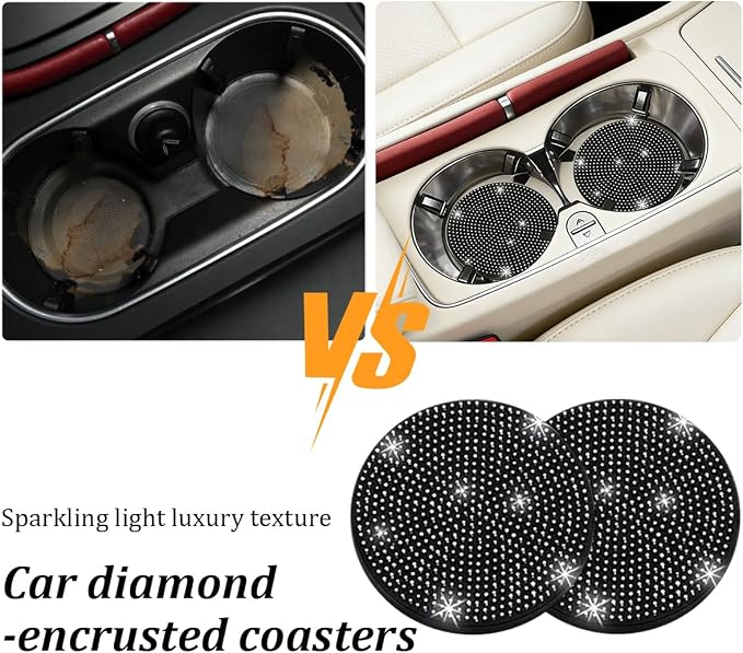 27PCS Bling Car Accessories Set for Women, 14.5-15" Rhinestone Steering Wheel Cover Cup Coaster, USB Charger Phone Holder Headrest Hook, Diamond Auto Interior Decor, Universal Fit (Black)