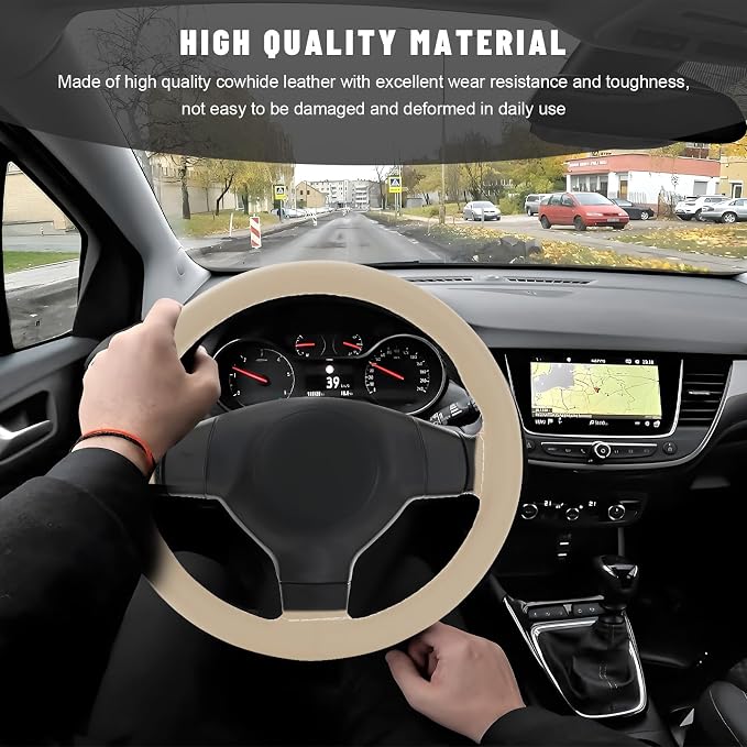 Genuine Leather Steering Wheel Cover, 15 Inch Stitch on Steering Wheel Protector with Needle & Thread, Anti-Slip DIY Sewing Wheels Wrap for Most Vehicles (Beige, Glossy)