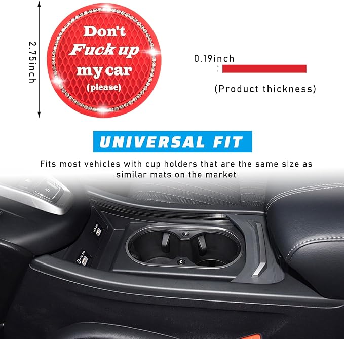 4 PCS Bling Car Cup Coaster, 2.75 Inch Anti-Slip Cup Holder Insert Coasters, Universal Crystal Rhinestone Auto Drink Car Cup Mat, Interior Car Accessories for Women Girls (Red)